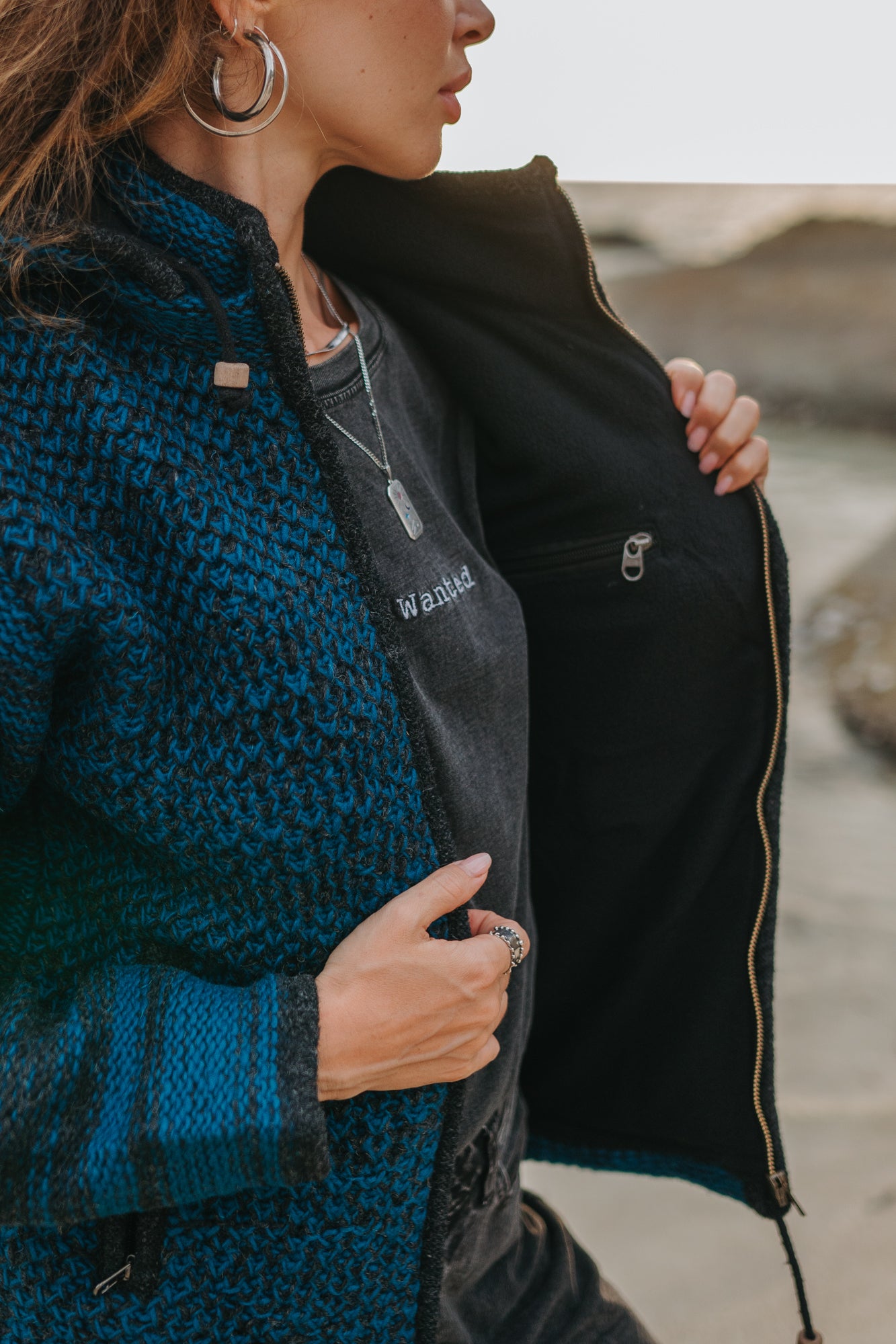 Wool Jacket - Eyelet Pattern - Teal/Charcoal