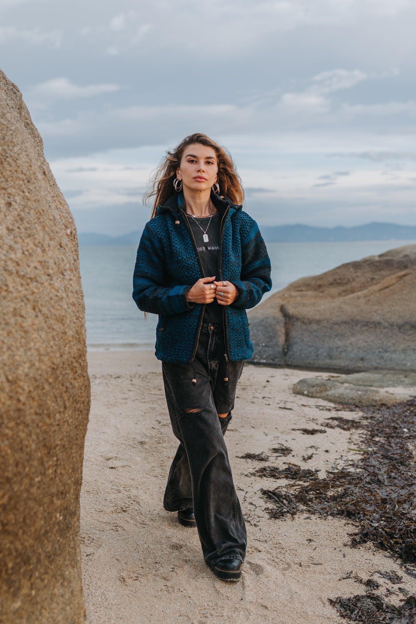 Wool Jacket - Eyelet Pattern - Teal