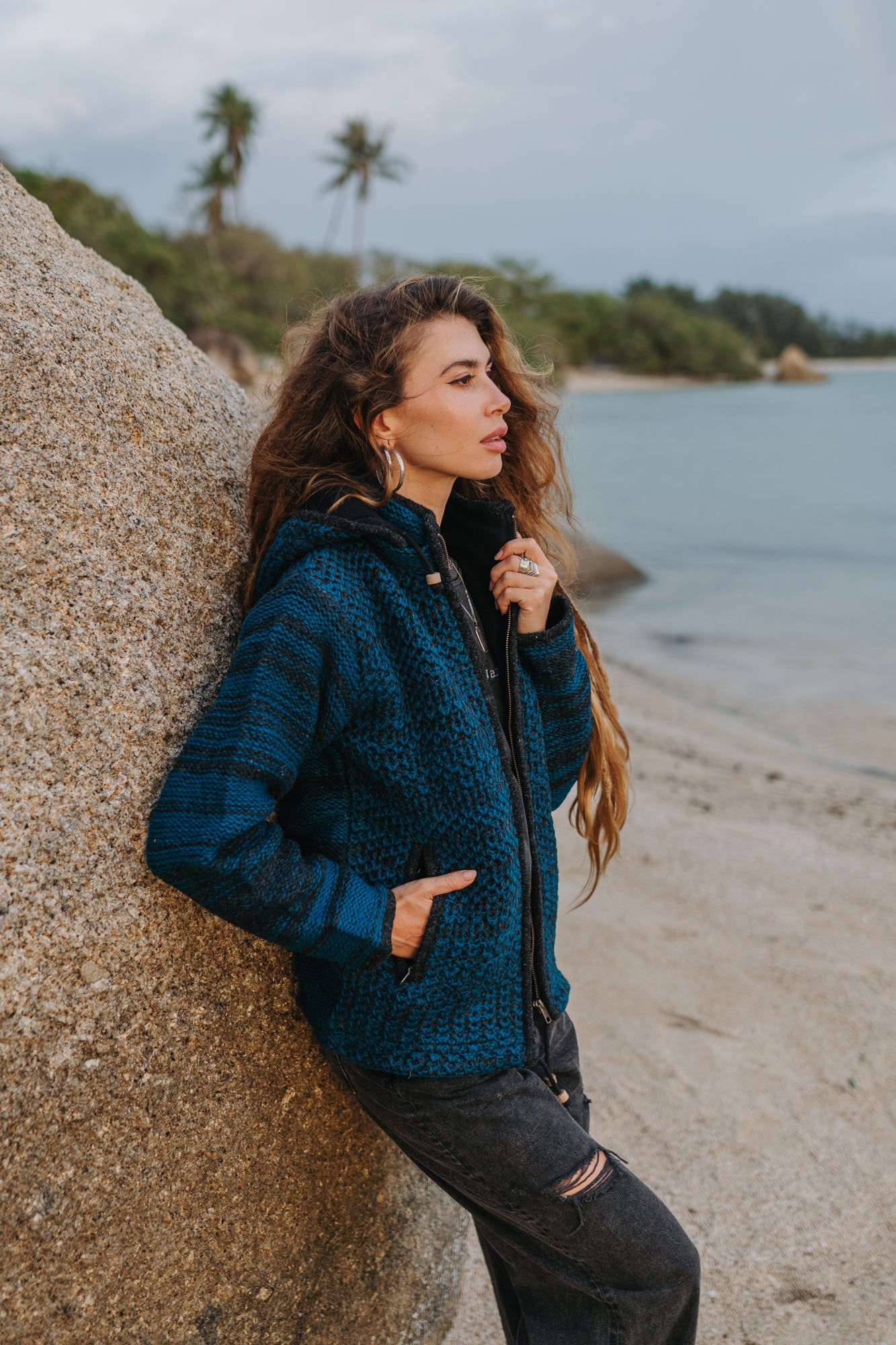 Wool Jacket - Eyelet Pattern - Teal/Charcoal