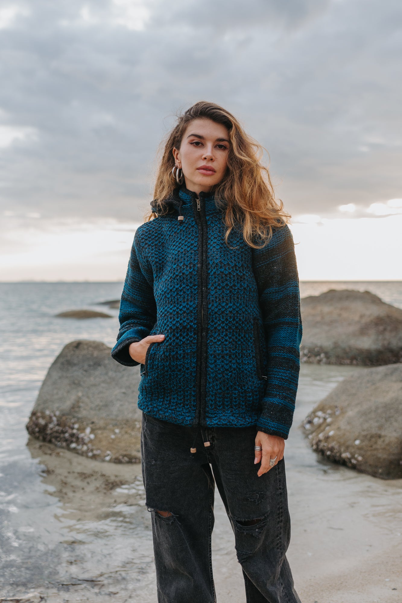 Wool Jacket - Eyelet Pattern - Teal/Charcoal