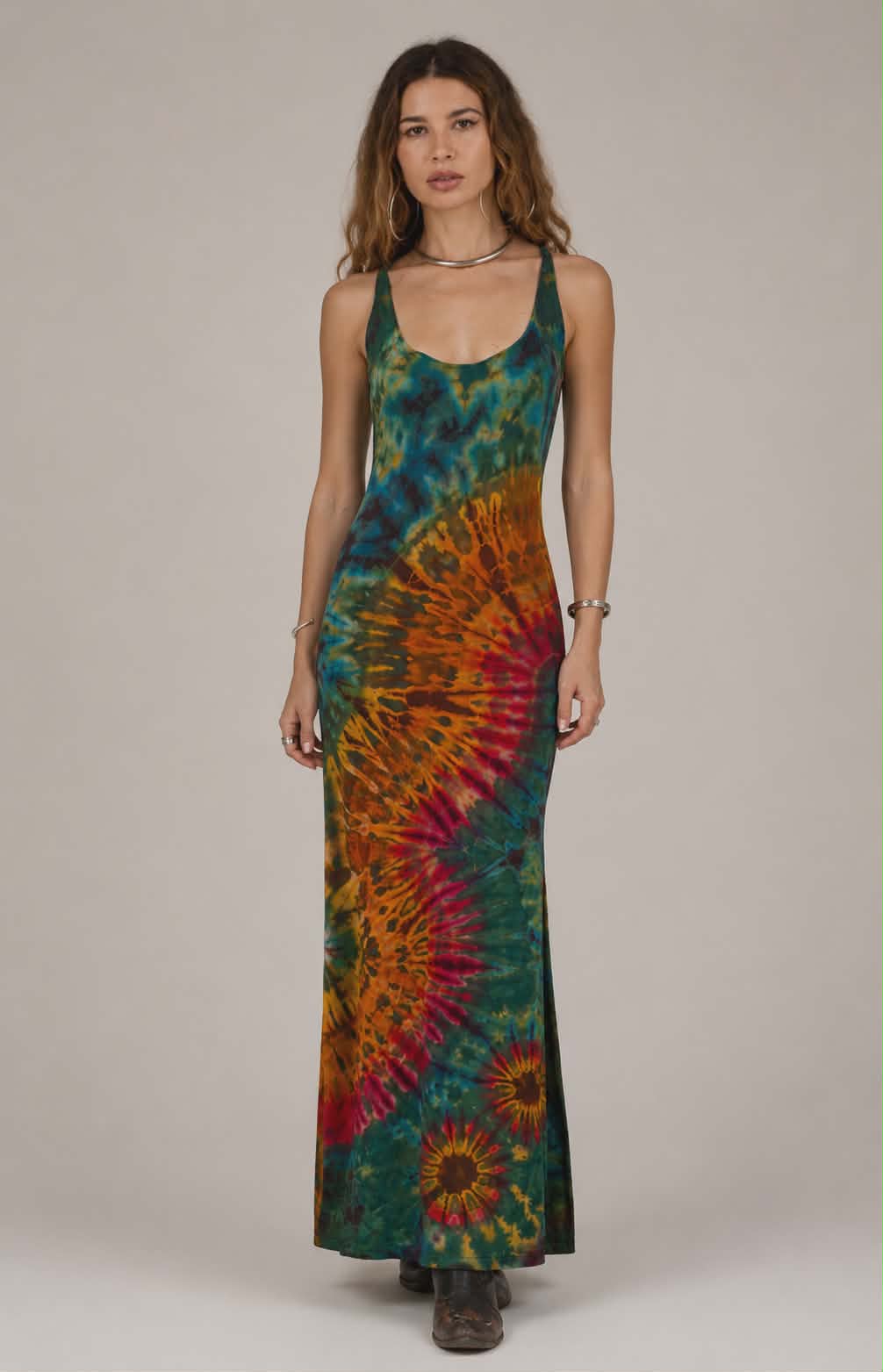 Tie Dye Maxi Dress with Split Hem & Lace-Up Back