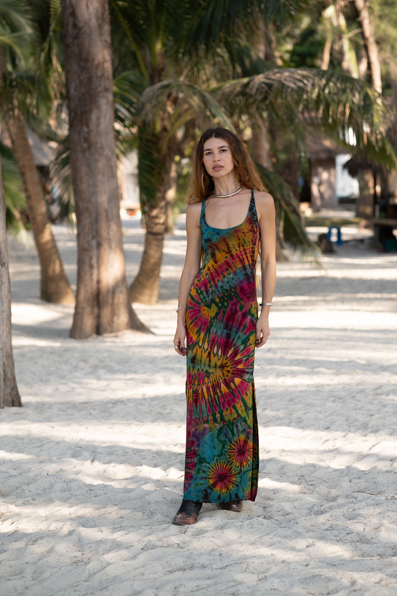 Tie Dye Maxi Dress with Split Hem & Lace-Up Back