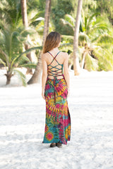 Tie Dye Maxi Dress with Split Hem & Lace-Up Back
