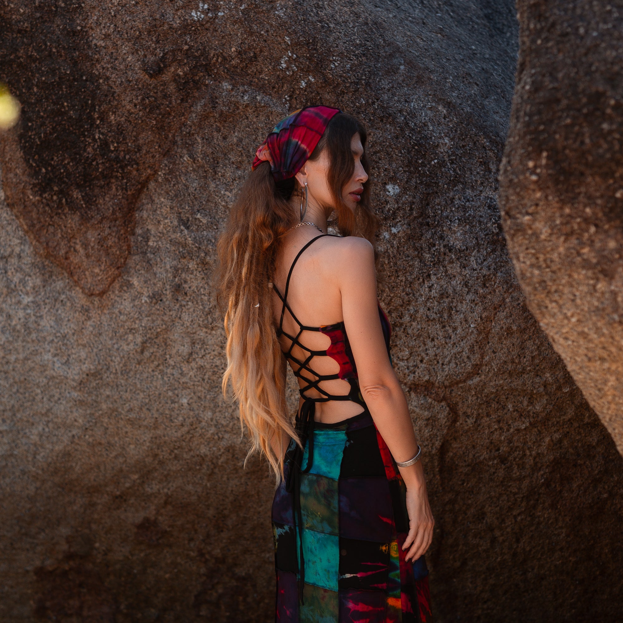 Patchwork Tie Dye Maxi Dress – Boho Festival Dress with Lace-Up Back