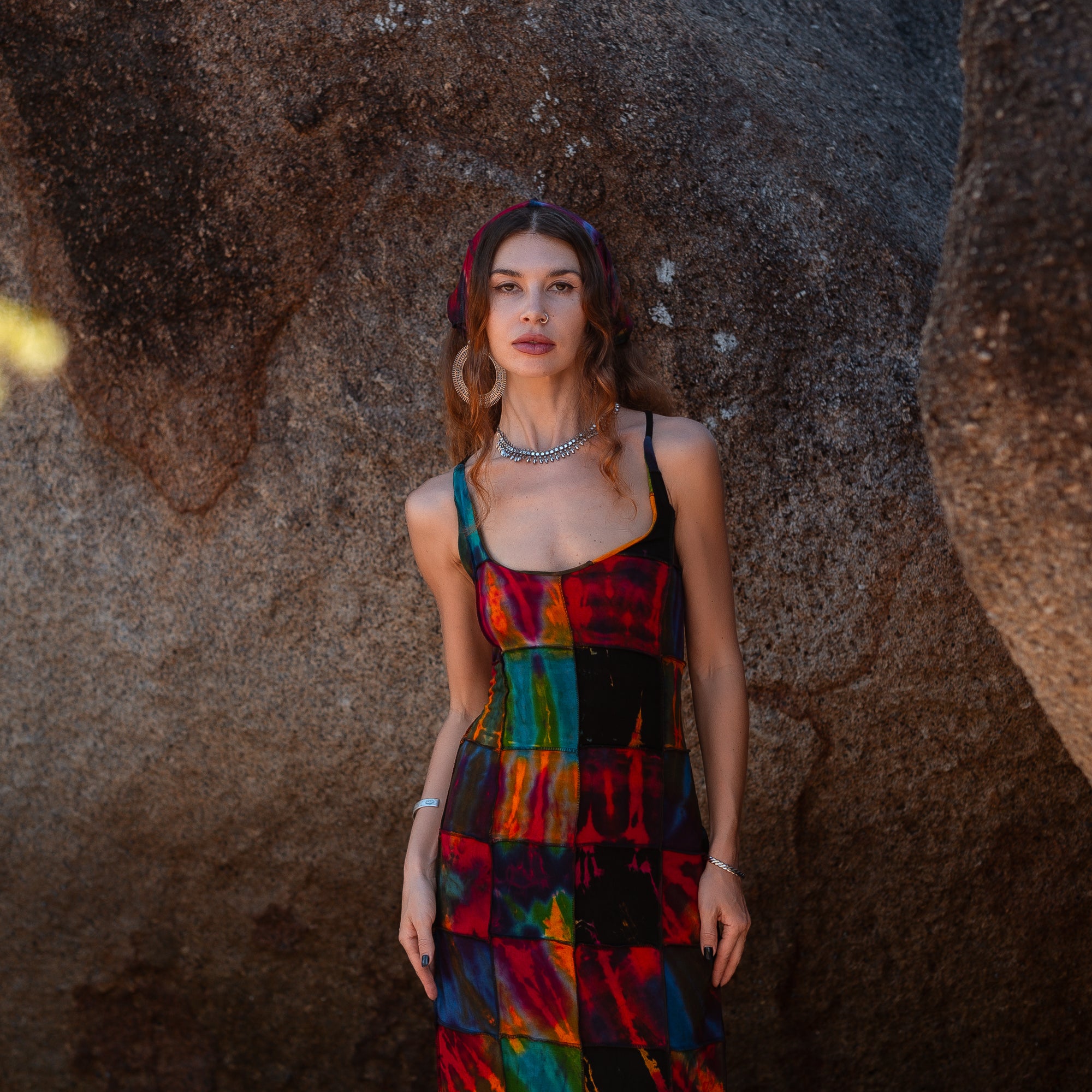 Patchwork Tie Dye Maxi Dress – Boho Festival Dress with Lace-Up Back