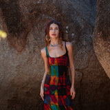 Patchwork Tie Dye Maxi Dress – Boho Festival Dress with Lace-Up Back