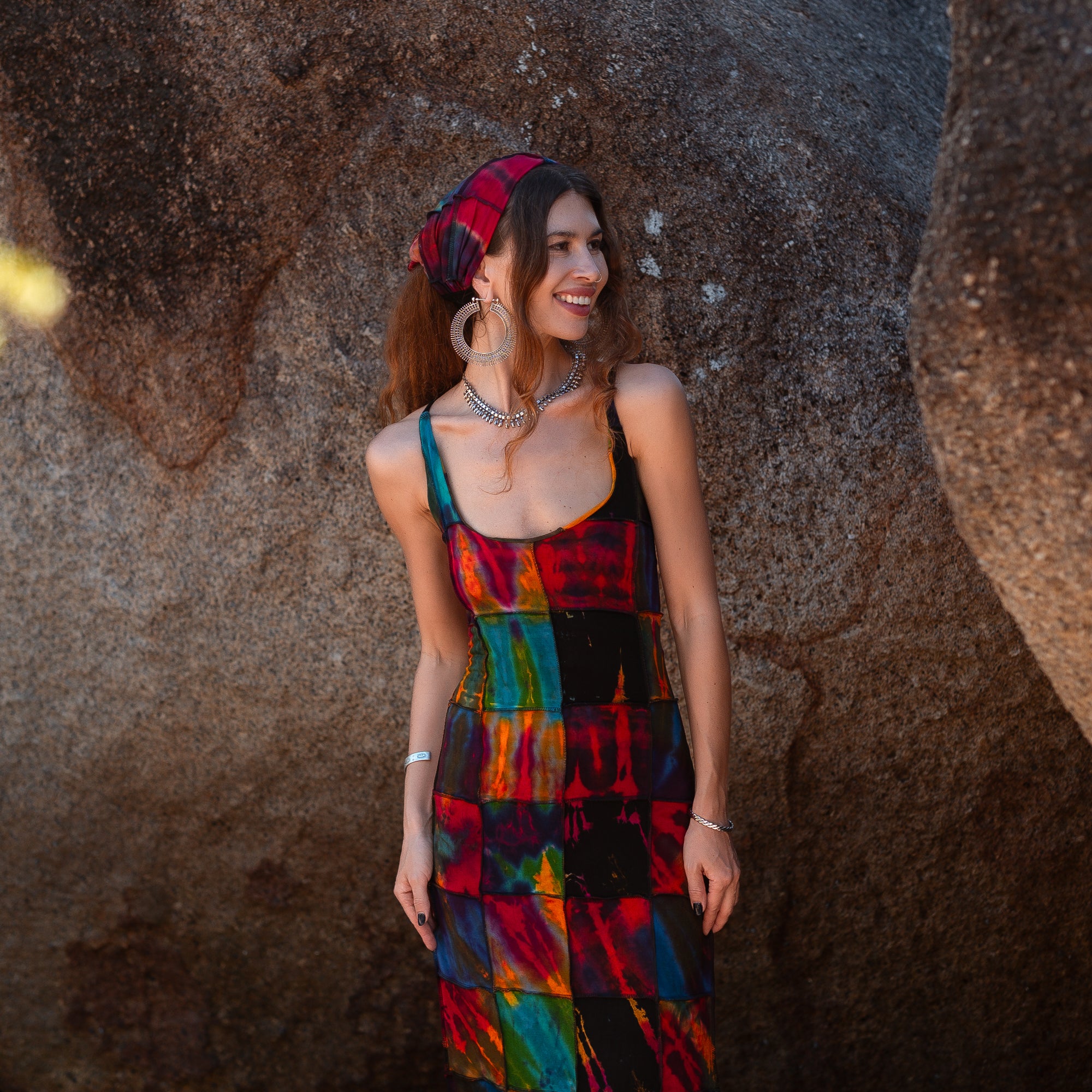 Patchwork Tie Dye Maxi Dress – Boho Festival Dress with Lace-Up Back