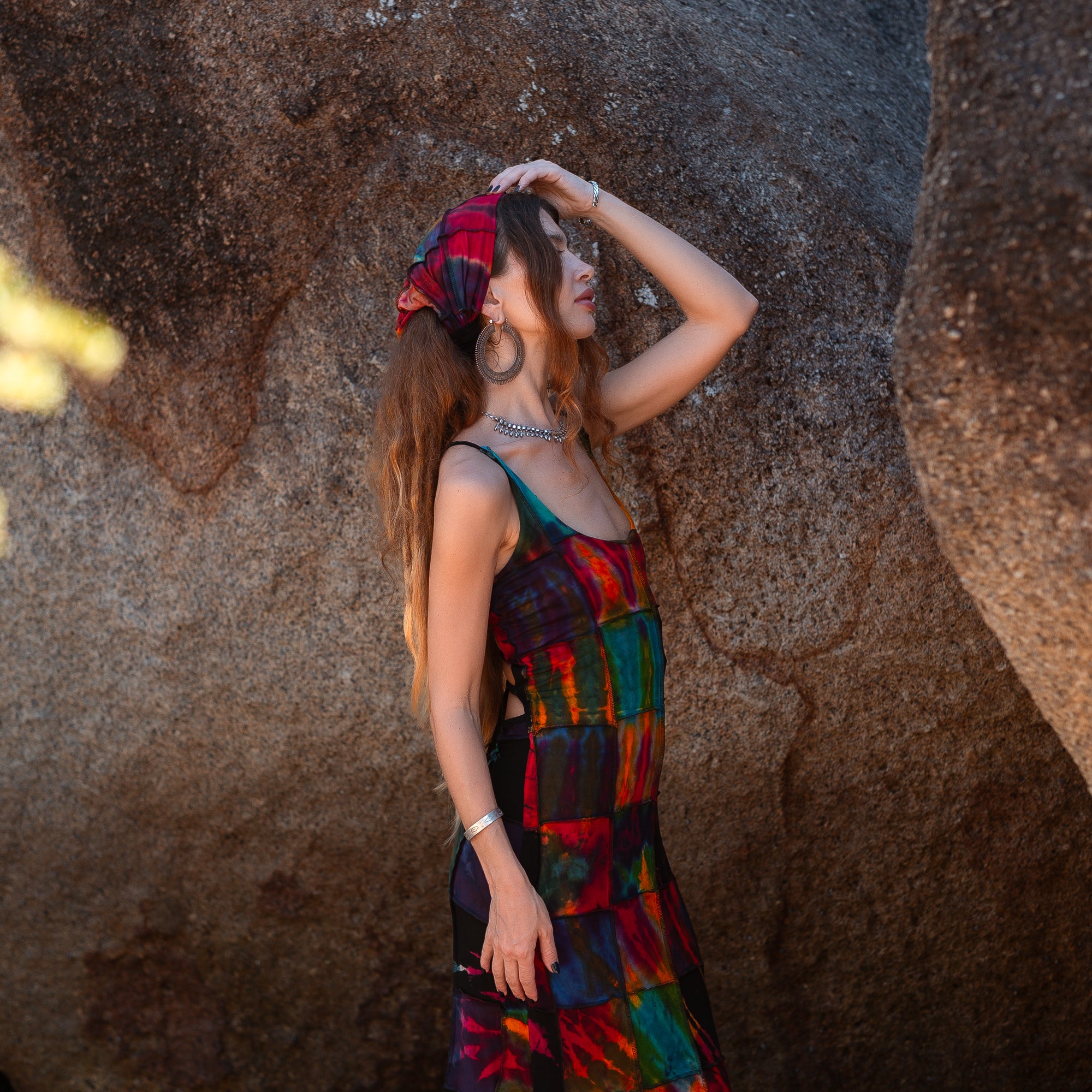 Patchwork Tie Dye Maxi Dress – Boho Festival Dress with Lace-Up Back