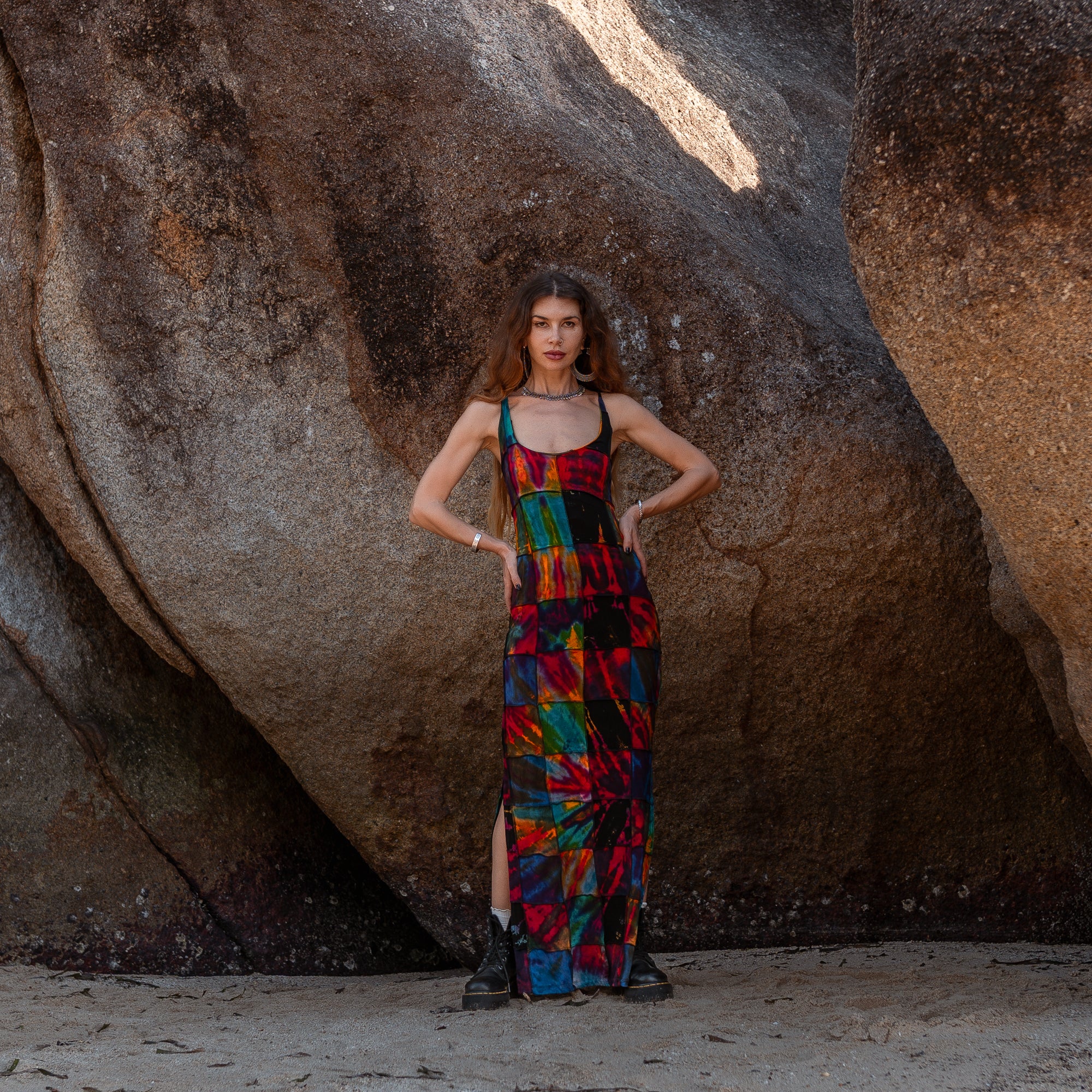 Patchwork Tie Dye Maxi Dress – Boho Festival Dress with Lace-Up Back