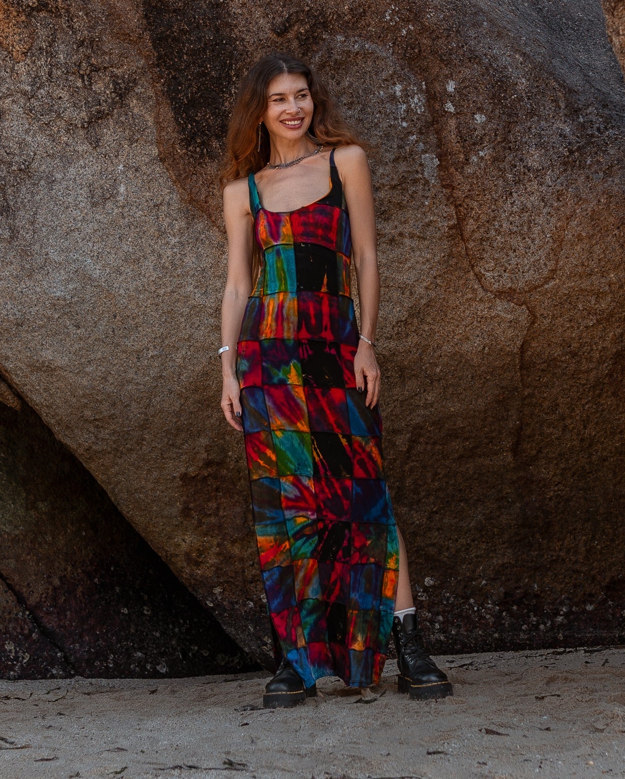 Patchwork Tie Dye Maxi Dress – Boho Festival Dress with Lace-Up Back