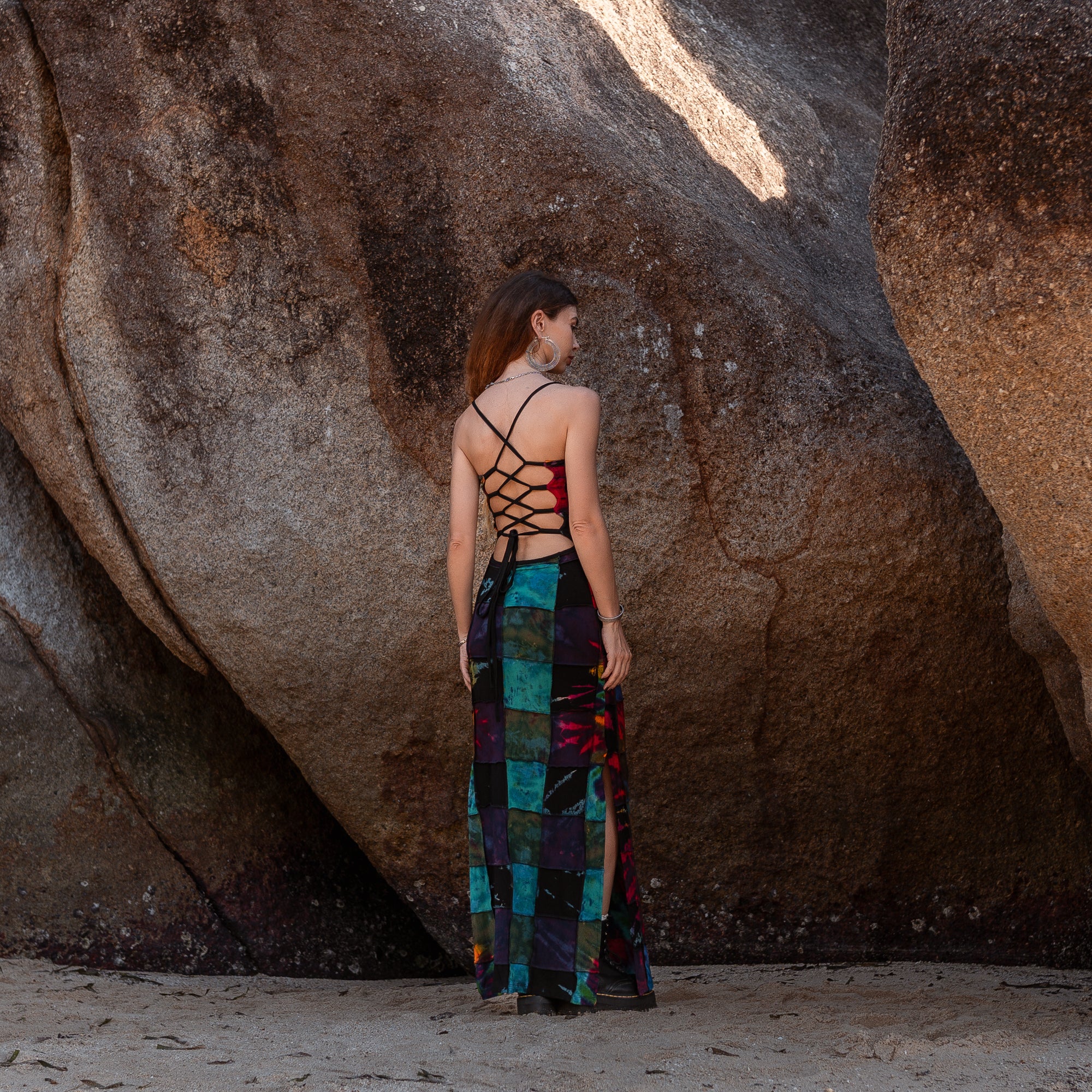 Patchwork Tie Dye Maxi Dress – Boho Festival Dress with Lace-Up Back