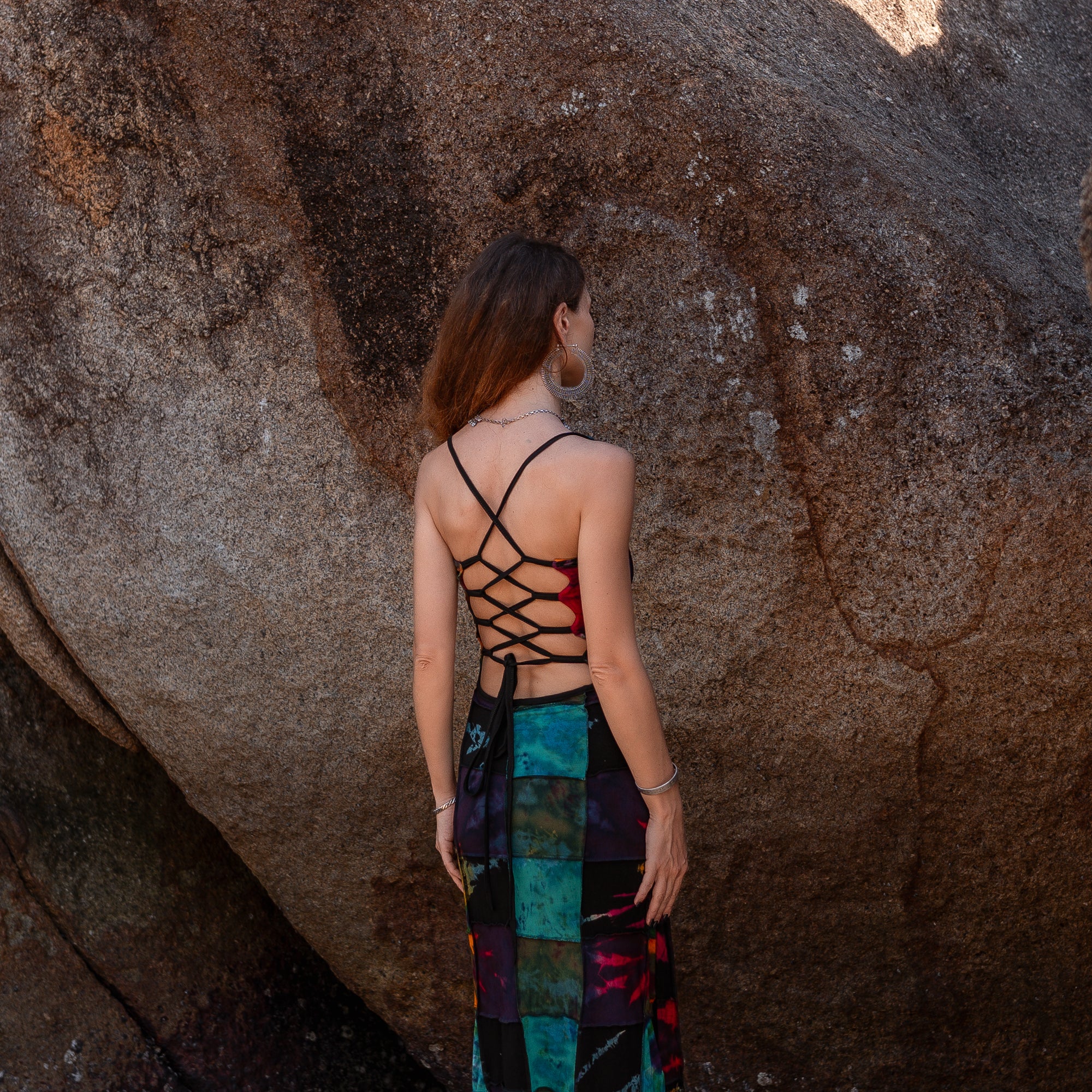 Patchwork Tie Dye Maxi Dress – Boho Festival Dress with Lace-Up Back