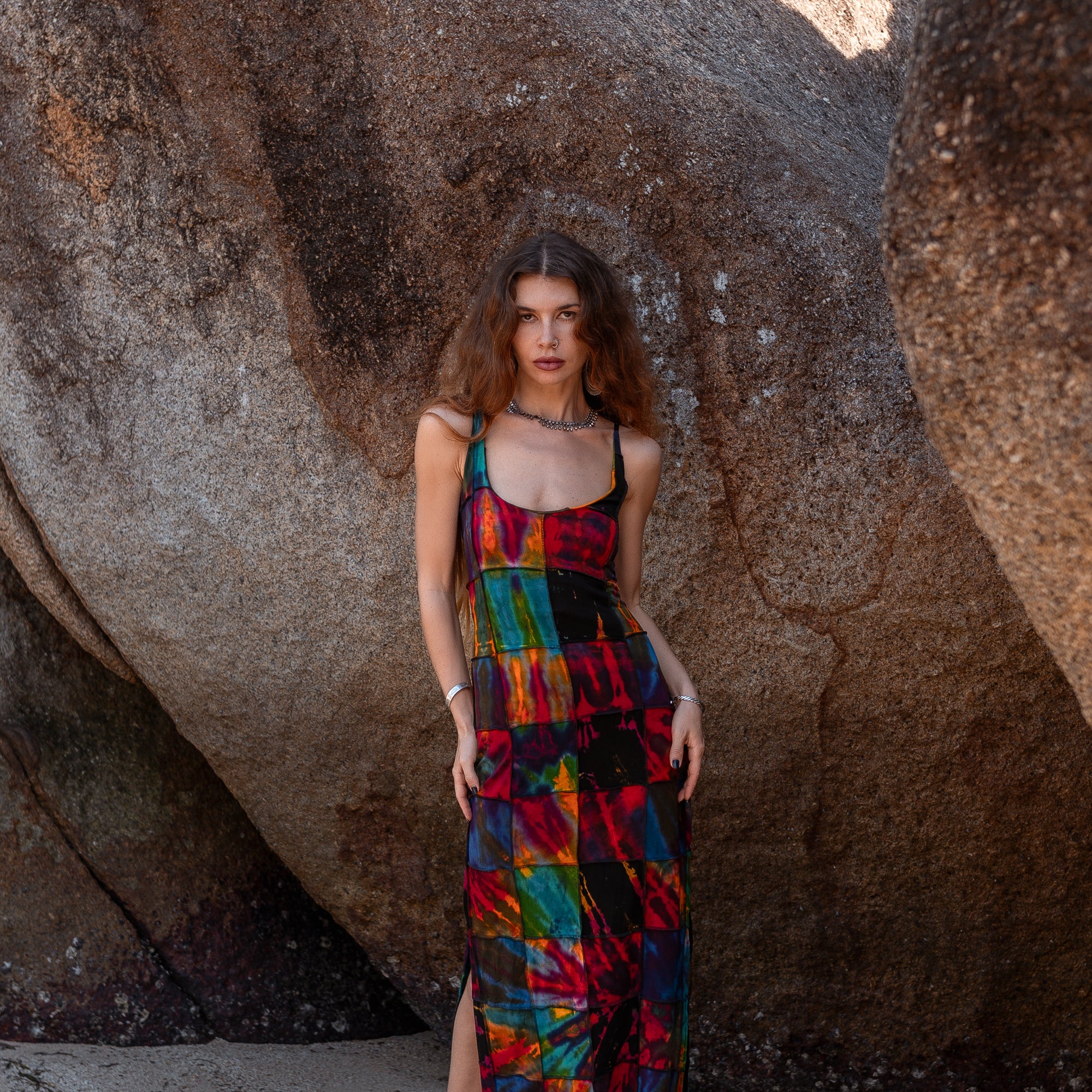 Patchwork Tie Dye Maxi Dress – Boho Festival Dress with Lace-Up Back