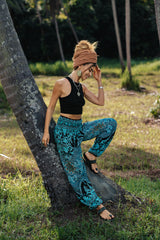 High Crotch Harem Pants - Paisley - Turquoise & Black