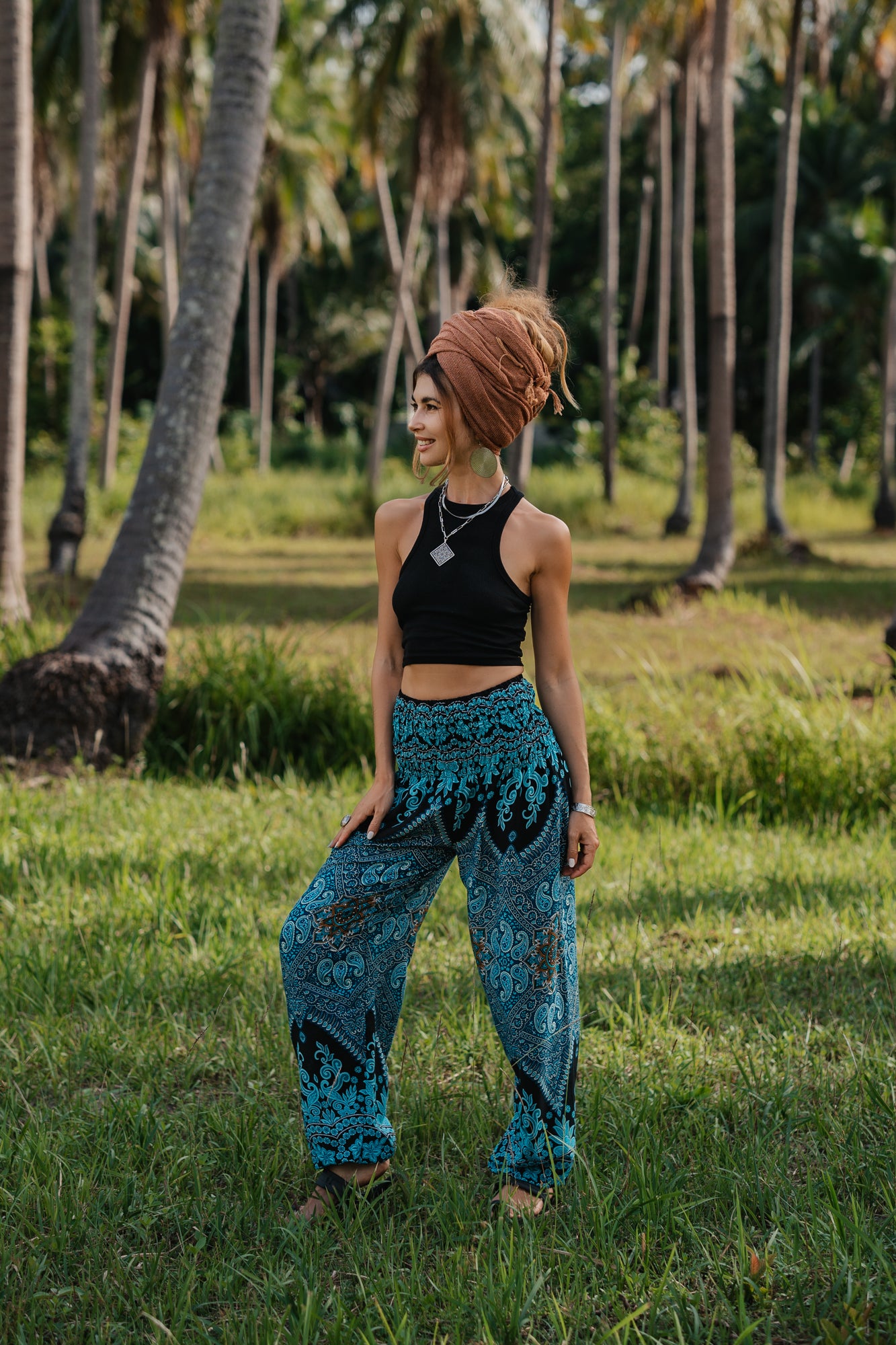 High Crotch Harem Pants - Paisley - Turquoise & Black