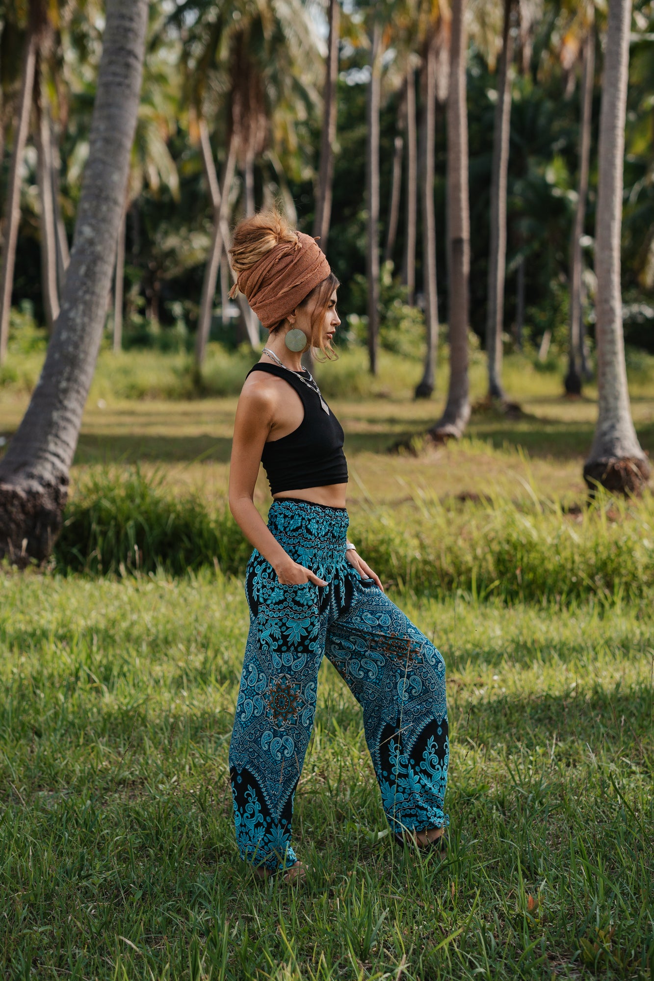 High Crotch Harem Pants - Paisley - Turquoise & Black