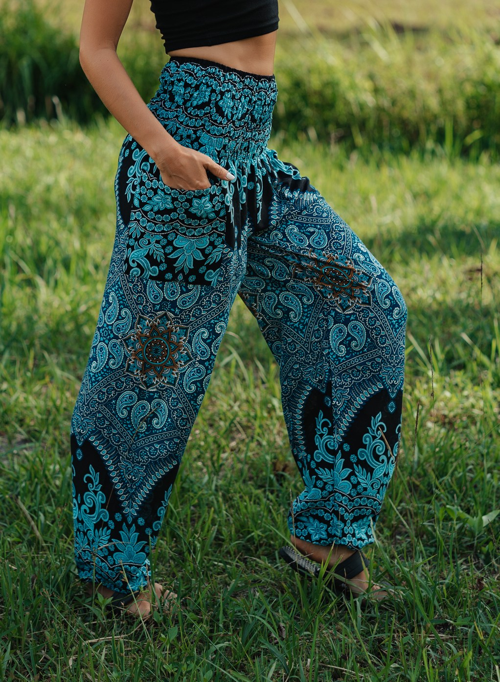 High Crotch Harem Pants - Paisley - Turquoise & Black