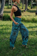 High Crotch Harem Pants - Paisley - Turquoise & Black