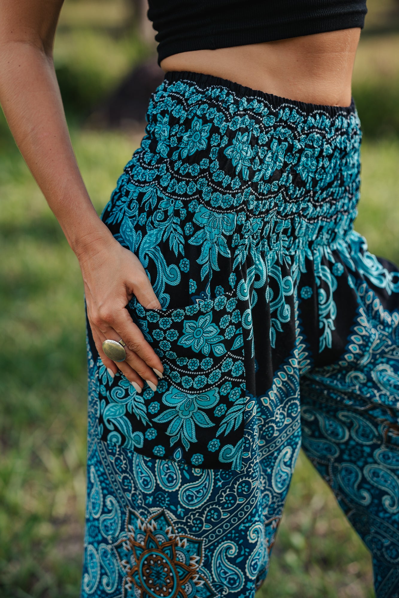High Crotch Harem Pants - Paisley - Turquoise & Black