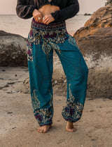 High Crotch Harem Pants - Large Paisley Print - Turquoise