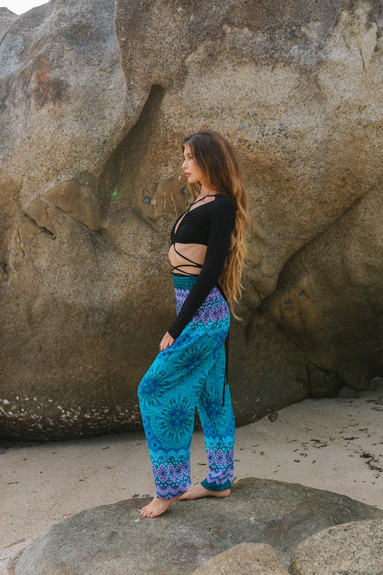 High Crotch Harem Pants - Peacock Feather Mandala - Turquoise