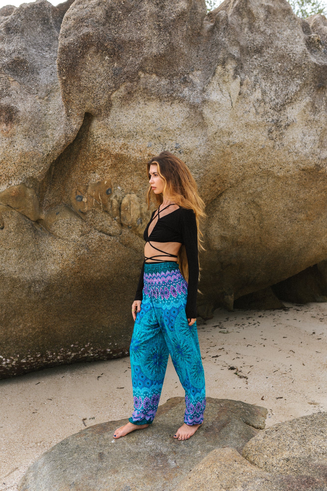 High Crotch Harem Pants - Peacock Feather Mandala - Turquoise