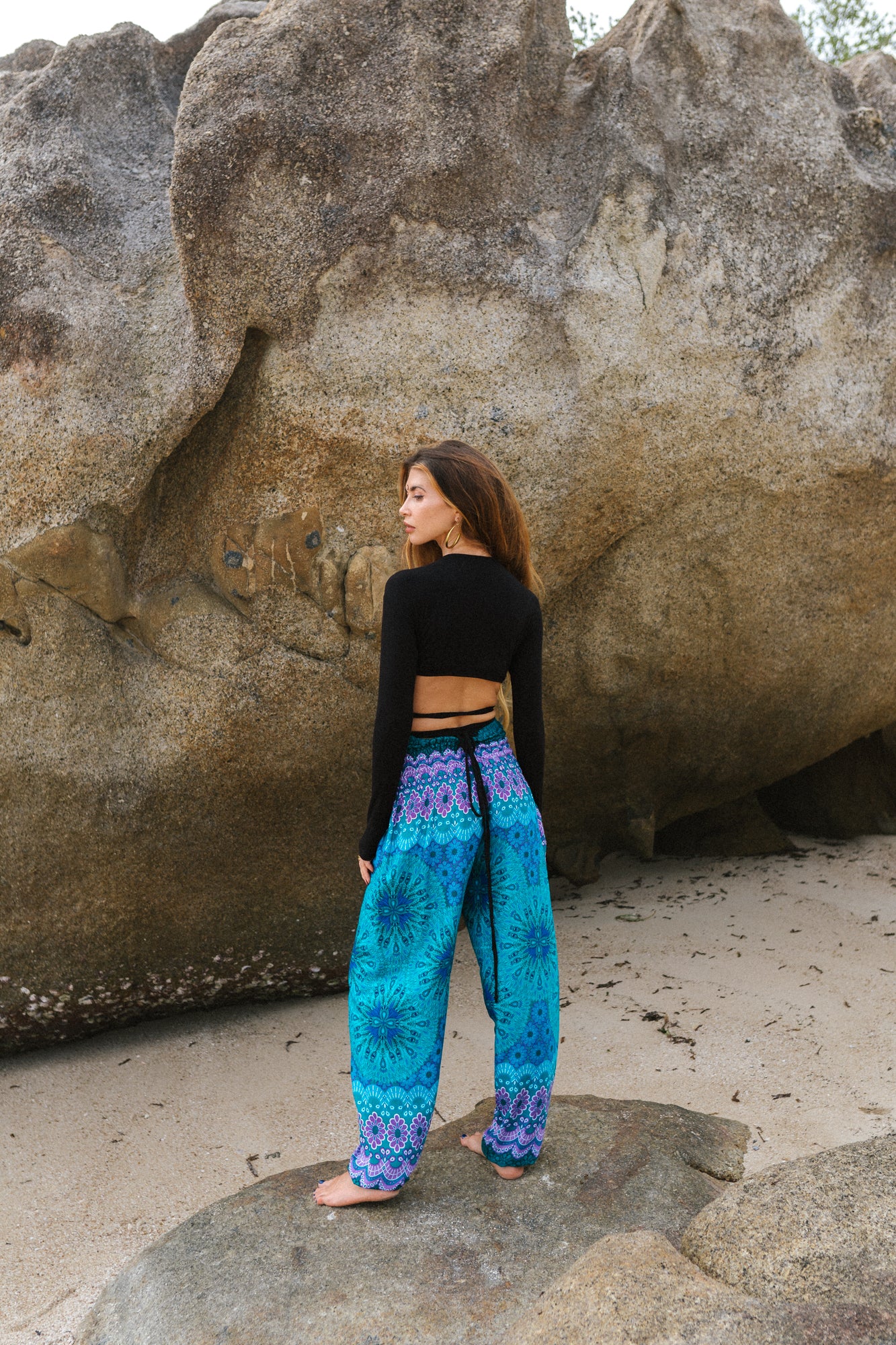 High Crotch Harem Pants - Peacock Feather Mandala - Turquoise