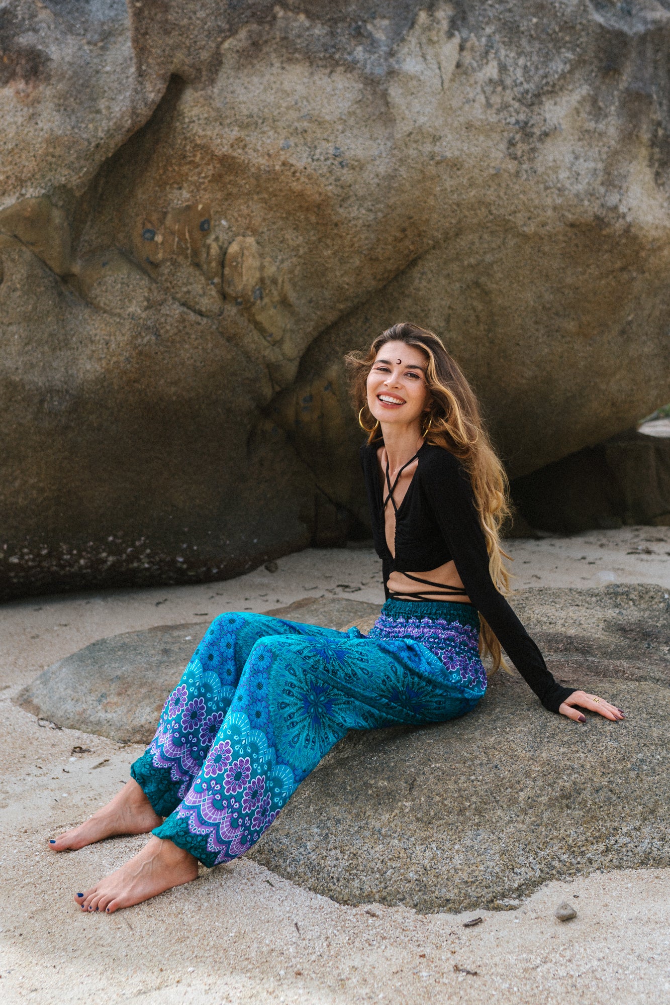 High Crotch Harem Pants - Peacock Feather Mandala - Turquoise