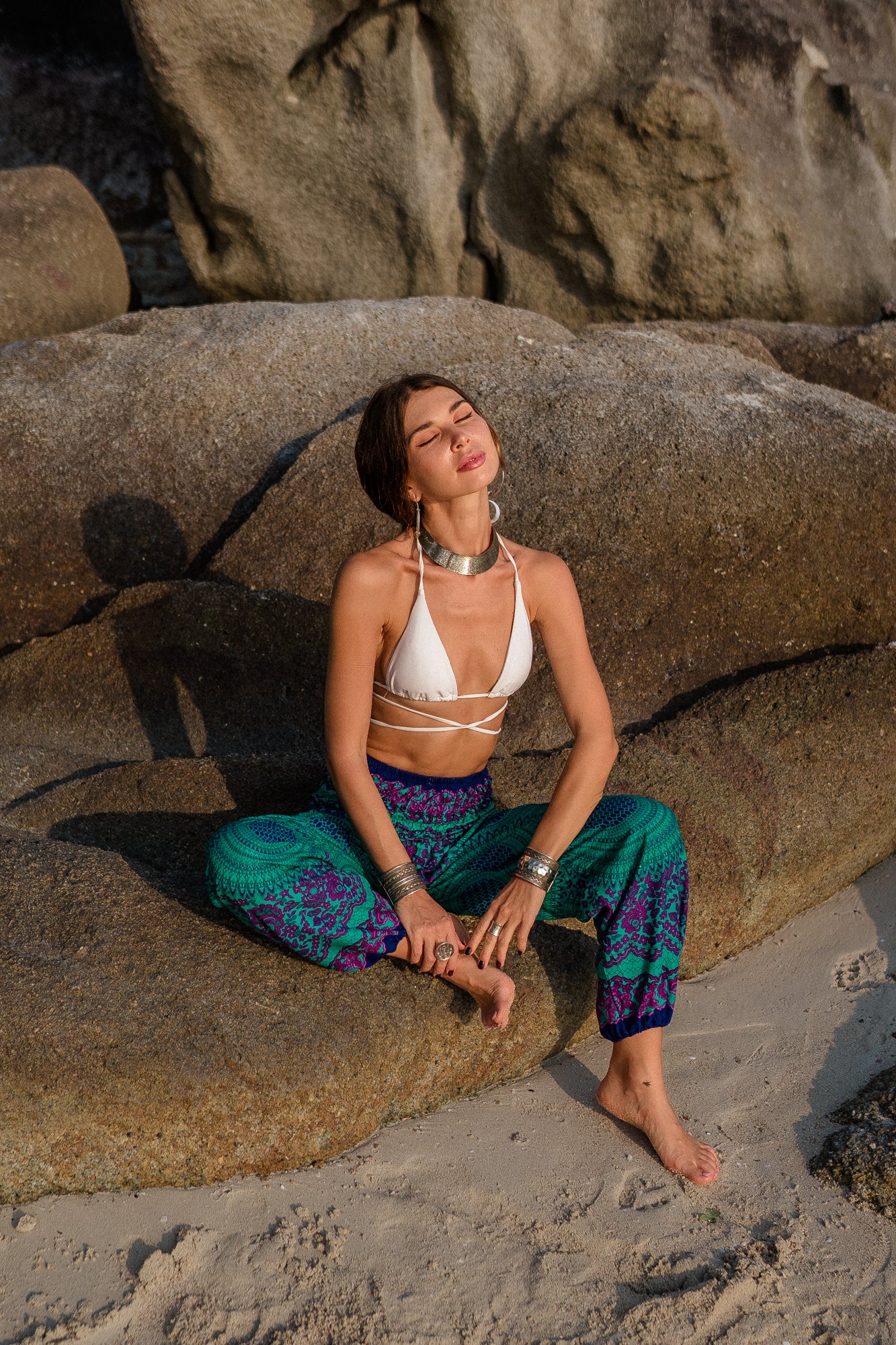 High Crotch Harem Pants - Pink Flower Mandala - Turquoise