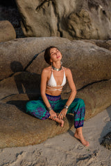 High Crotch Harem Pants - Pink Flower Mandala - Turquoise