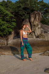 High Crotch Harem Pants - Pink Flower Mandala - Turquoise