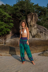 High Crotch Harem Pants - Pink Flower Mandala - Turquoise