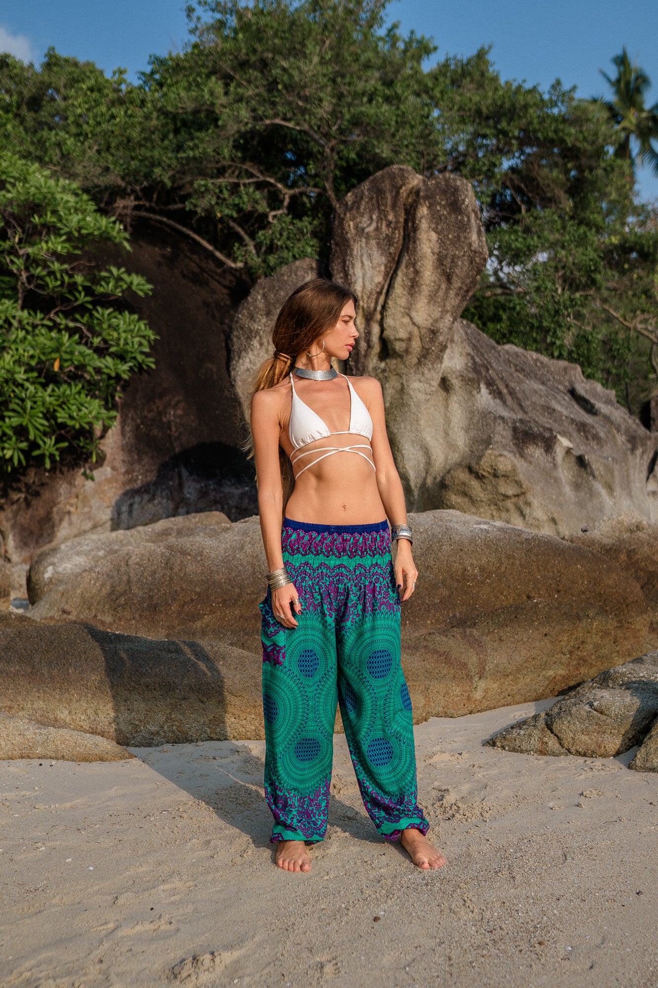 High Crotch Harem Pants - Pink Flower Mandala - Turquoise