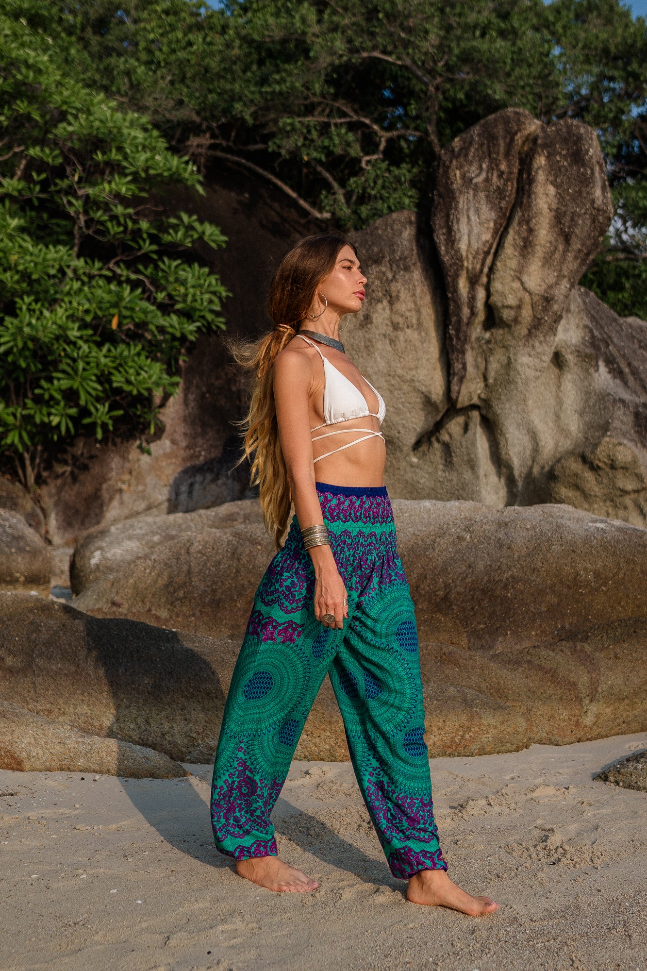 High Crotch Harem Pants - Pink Flower Mandala - Turquoise