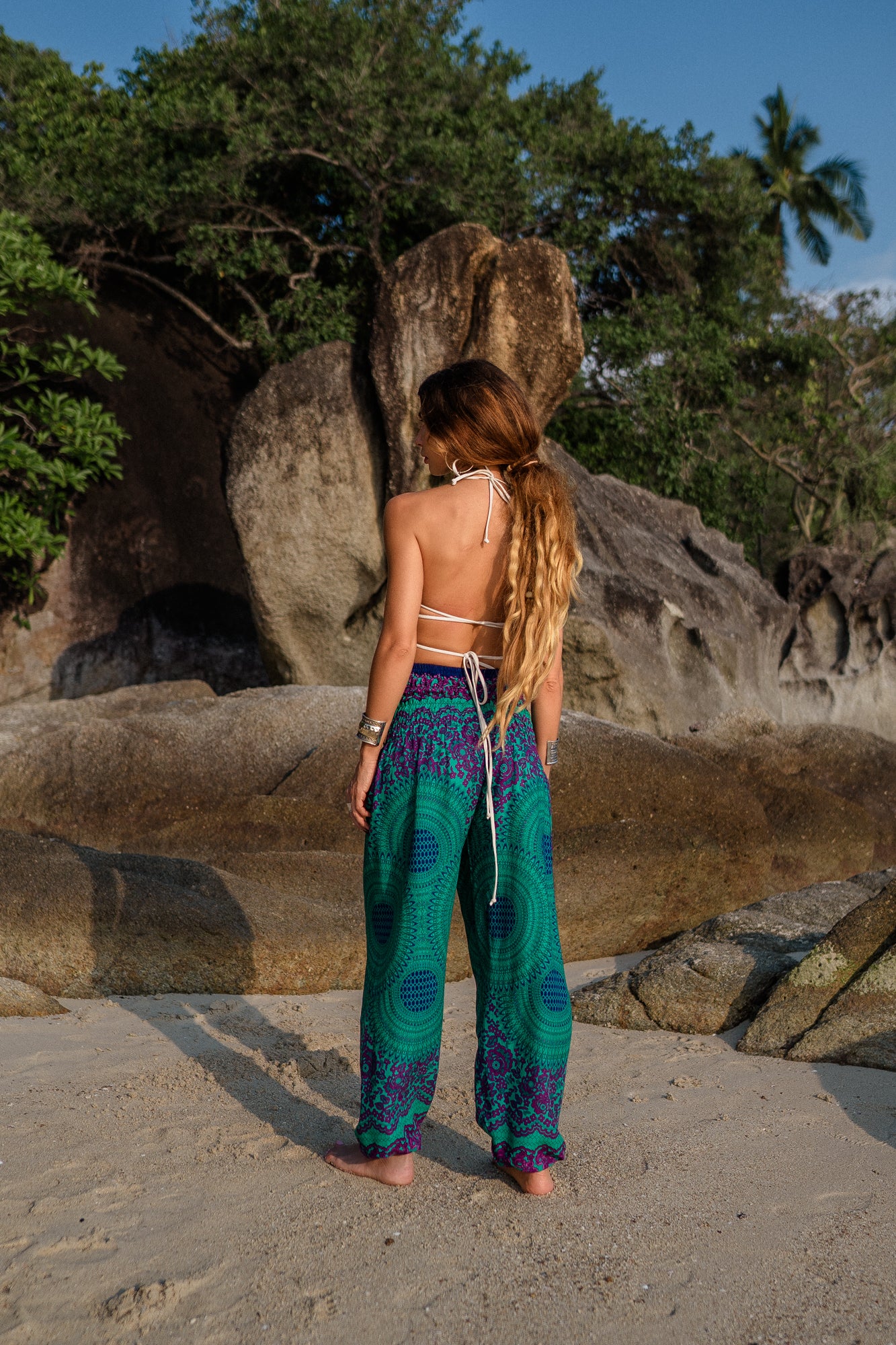 High Crotch Harem Pants - Pink Flower Mandala - Turquoise