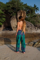 High Crotch Harem Pants - Pink Flower Mandala - Turquoise
