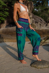 High Crotch Harem Pants - Pink Flower Mandala - Turquoise