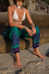 High Crotch Harem Pants - Pink Flower Mandala - Turquoise