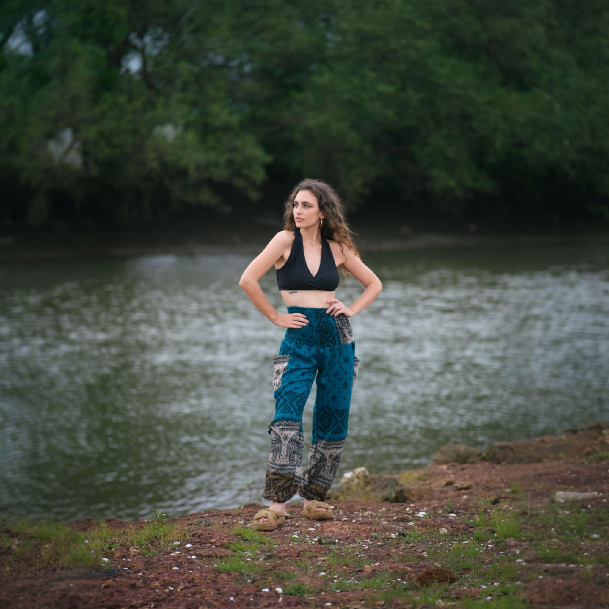 Elephant Print Warm Harem Blanket Pants with Pockets - Turquoise