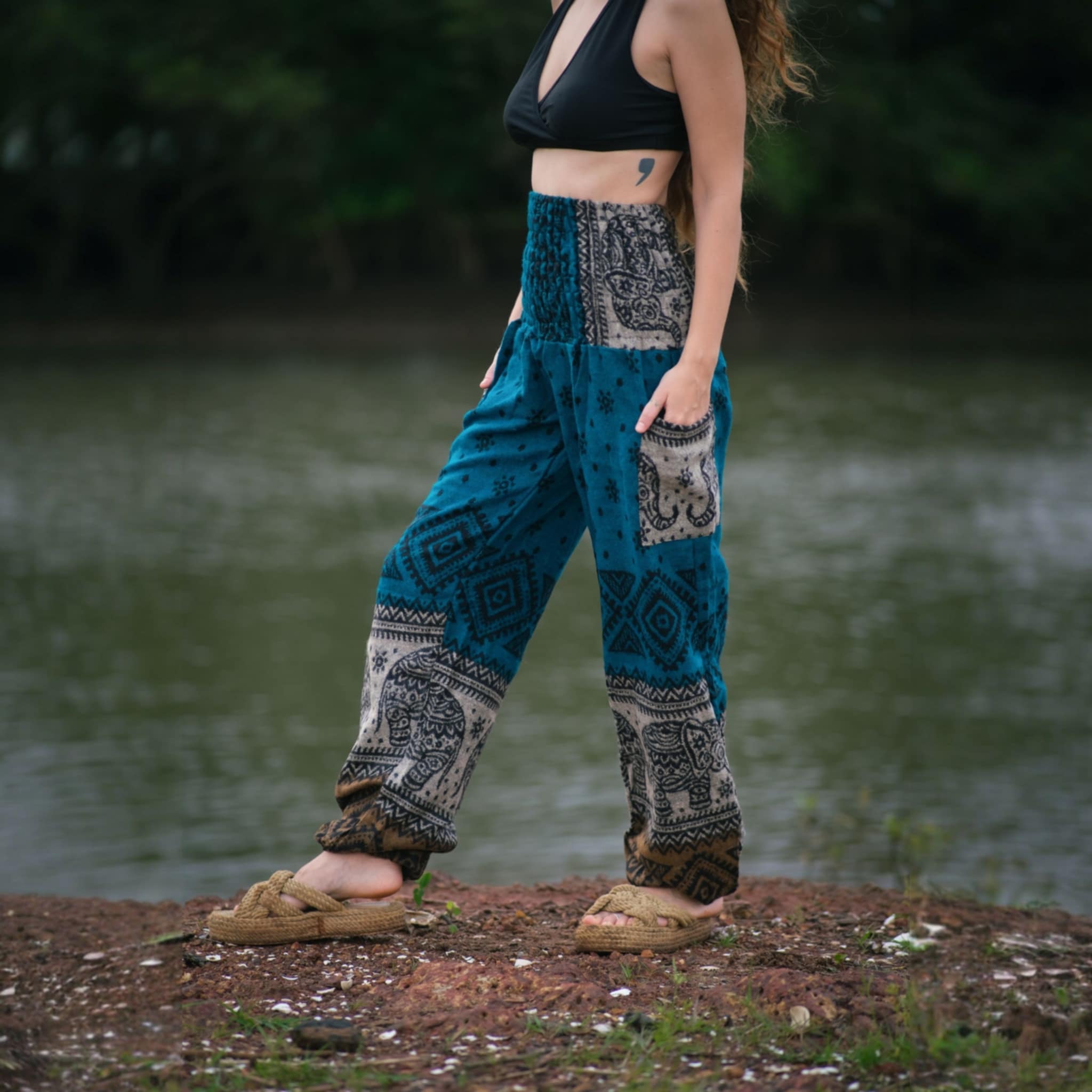 Elephant Print Warm Harem Blanket Pants with Pockets - Turquoise