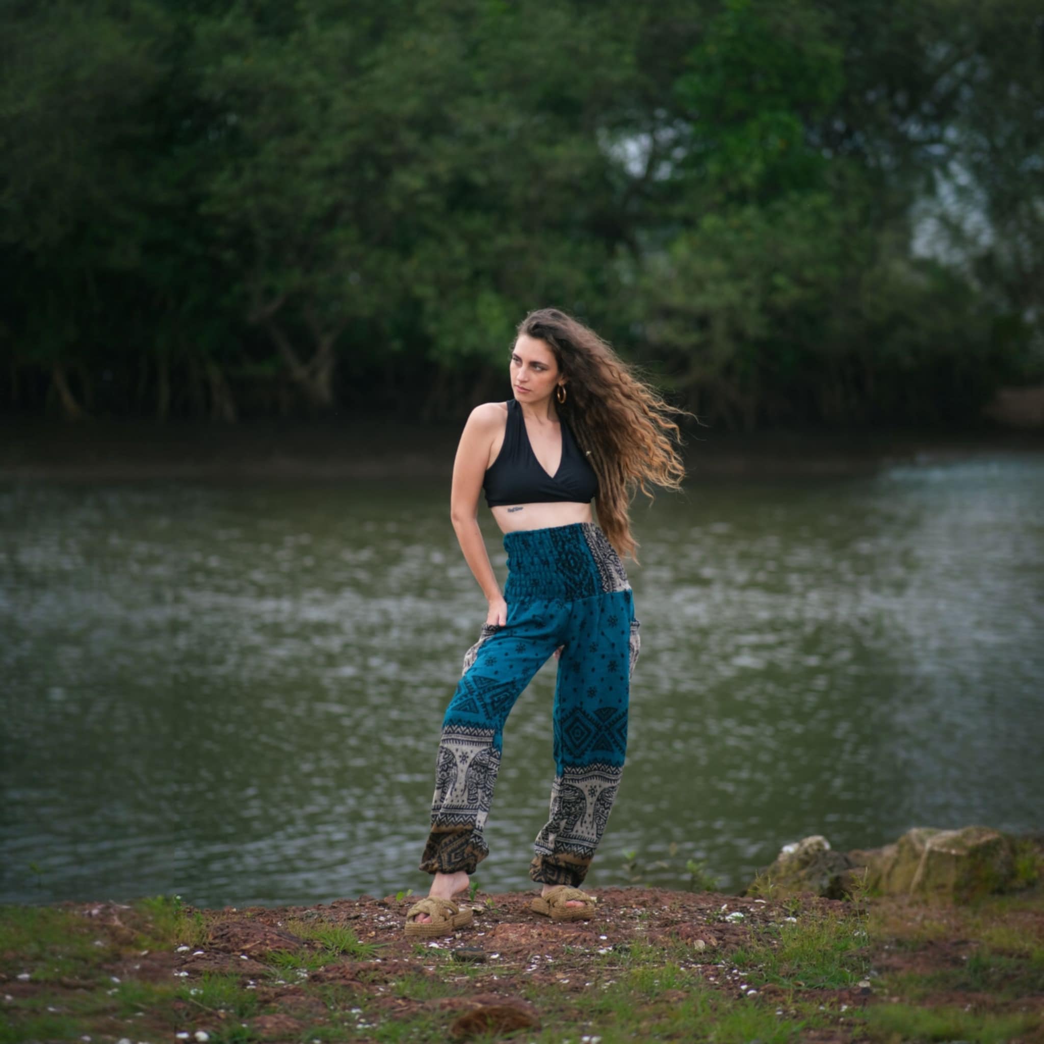 Elephant Print Warm Harem Blanket Pants with Pockets - Turquoise