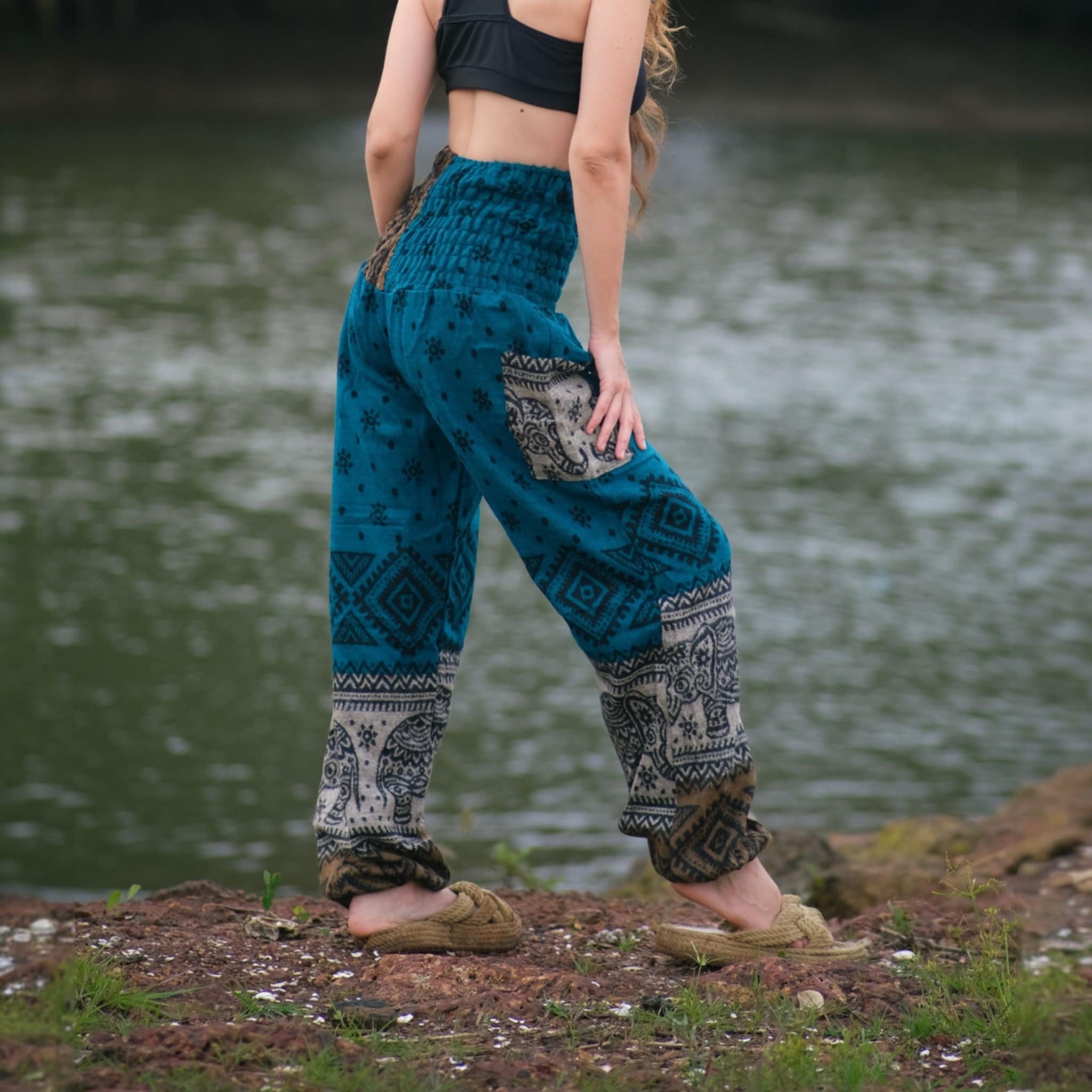 Elephant Print Warm Harem Blanket Pants with Pockets - Turquoise