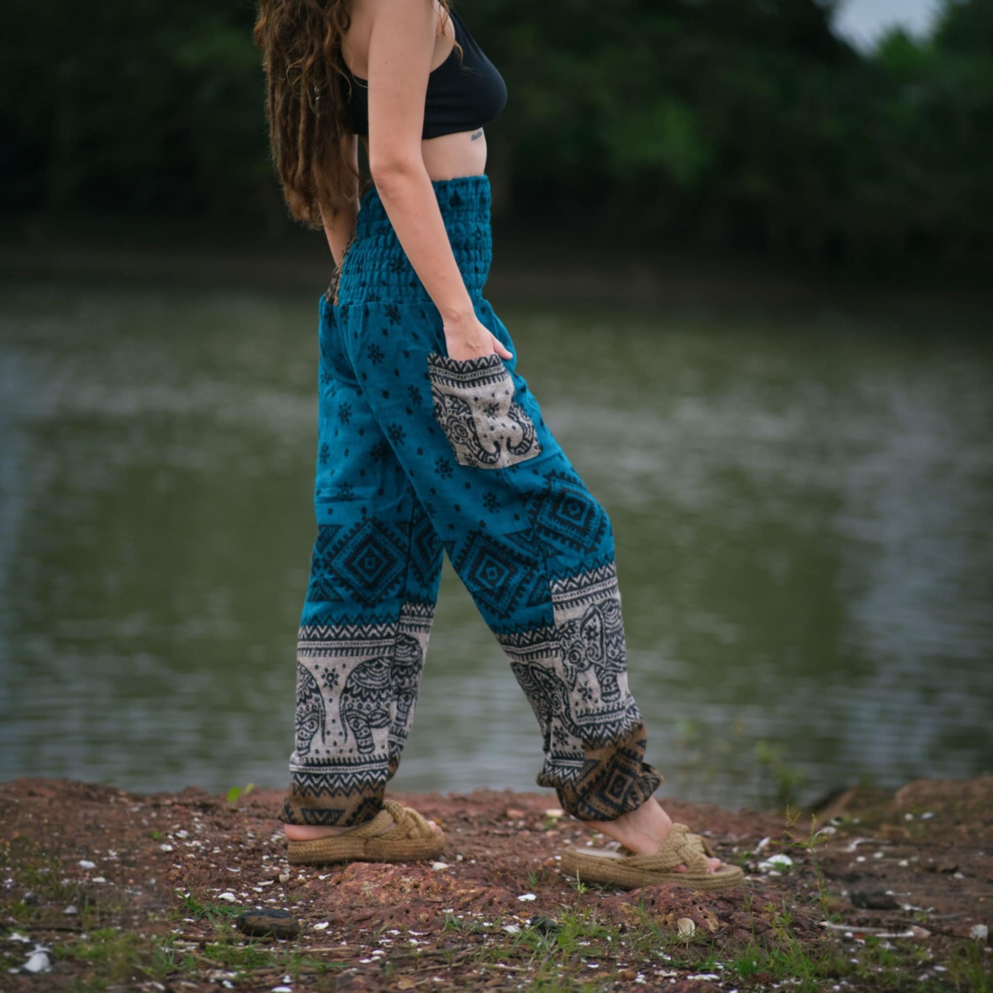 Elephant Print Warm Harem Blanket Pants with Pockets - Turquoise