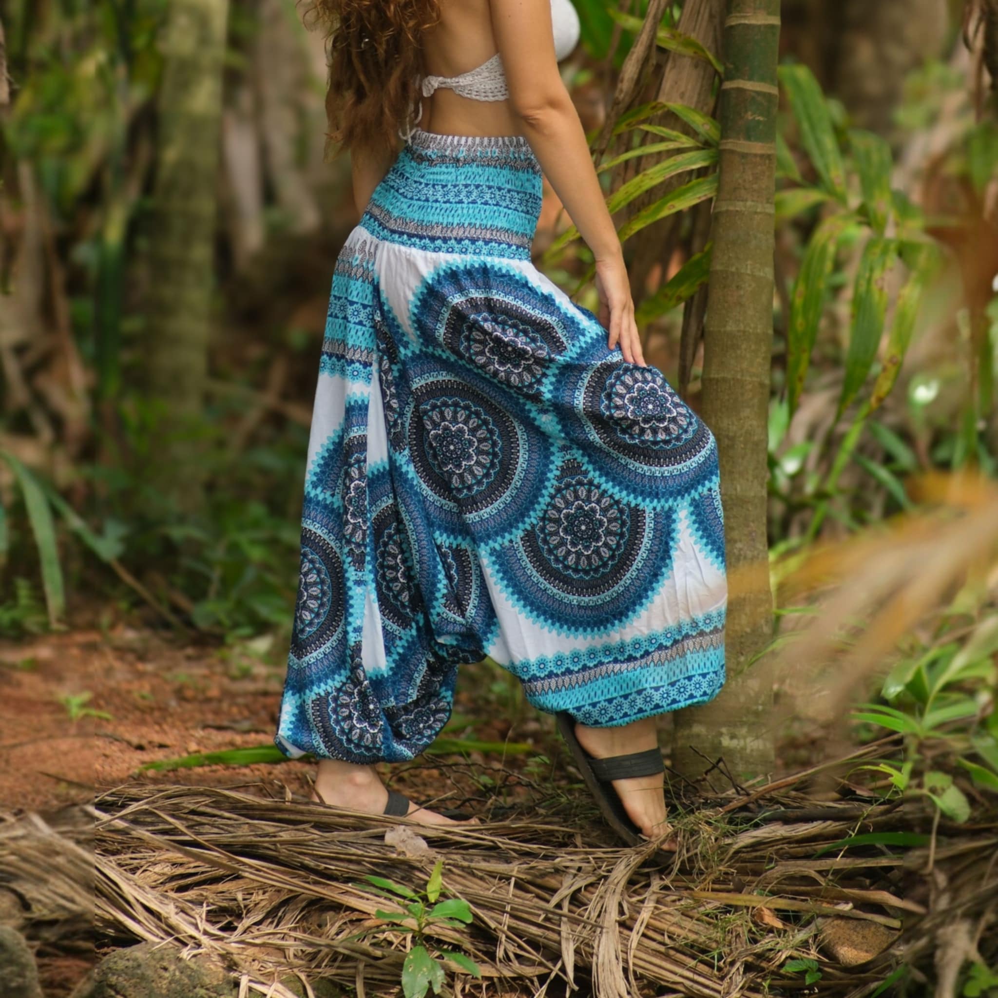 Turquoise and white mandala harem pants with relaxed low crotch design, lightweight boho yoga trousers for festivals, dance, and hippie style comfort