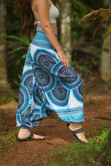 Turquoise & White Mandala Harem Pants – Lightweight Rayon Yoga Trousers | Boho Festival & Hippie Style