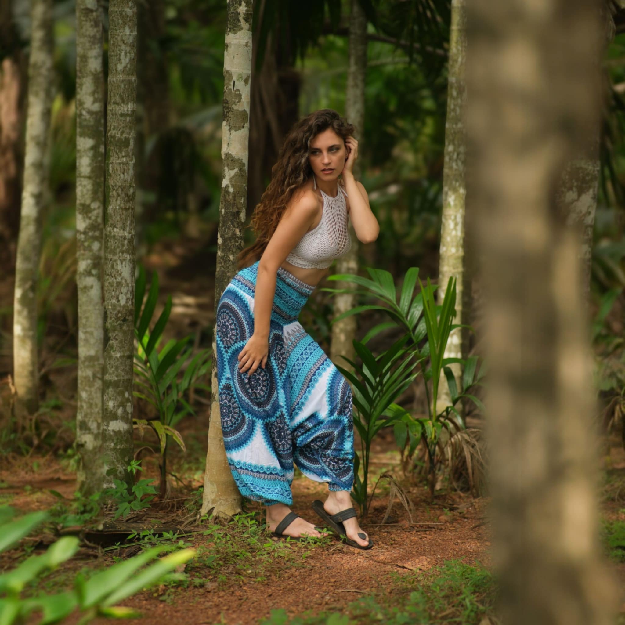 Turquoise & White Mandala Harem Pants – Lightweight Rayon Yoga Trousers | Boho Festival & Hippie Style