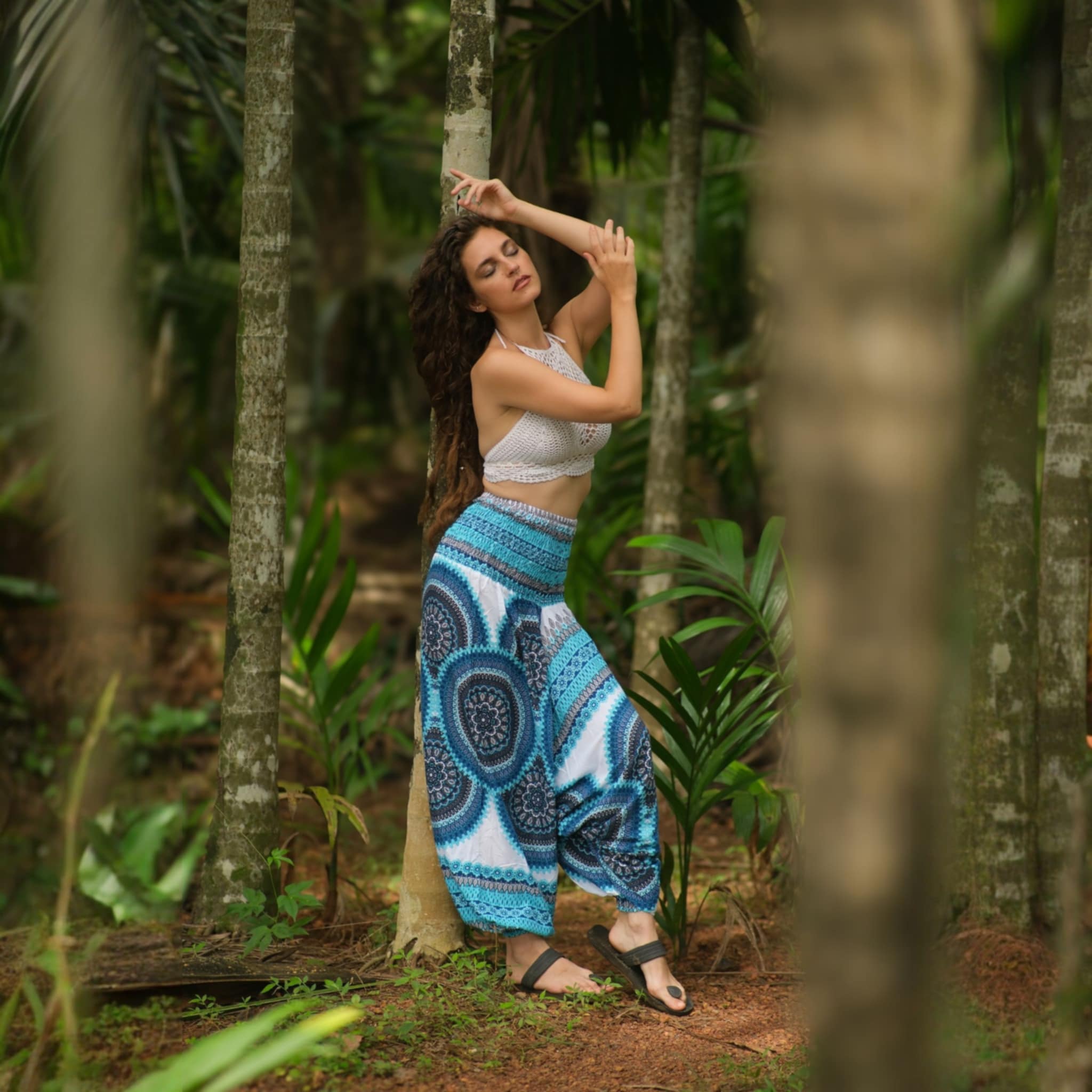 Turquoise & White Mandala Harem Pants – Lightweight Rayon Yoga Trousers | Boho Festival & Hippie Style