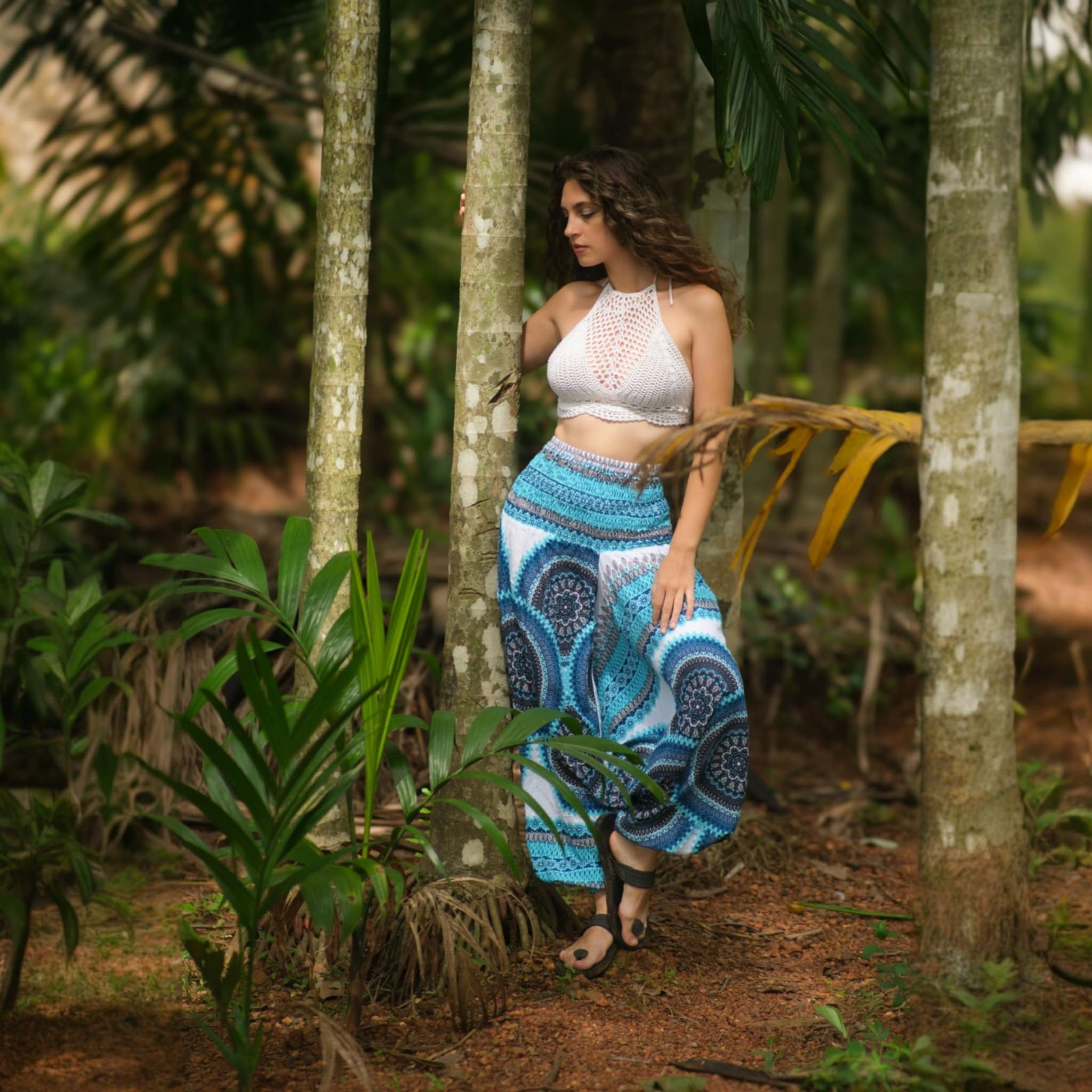 Turquoise & White Mandala Harem Pants – Lightweight Rayon Yoga Trousers | Boho Festival & Hippie Style