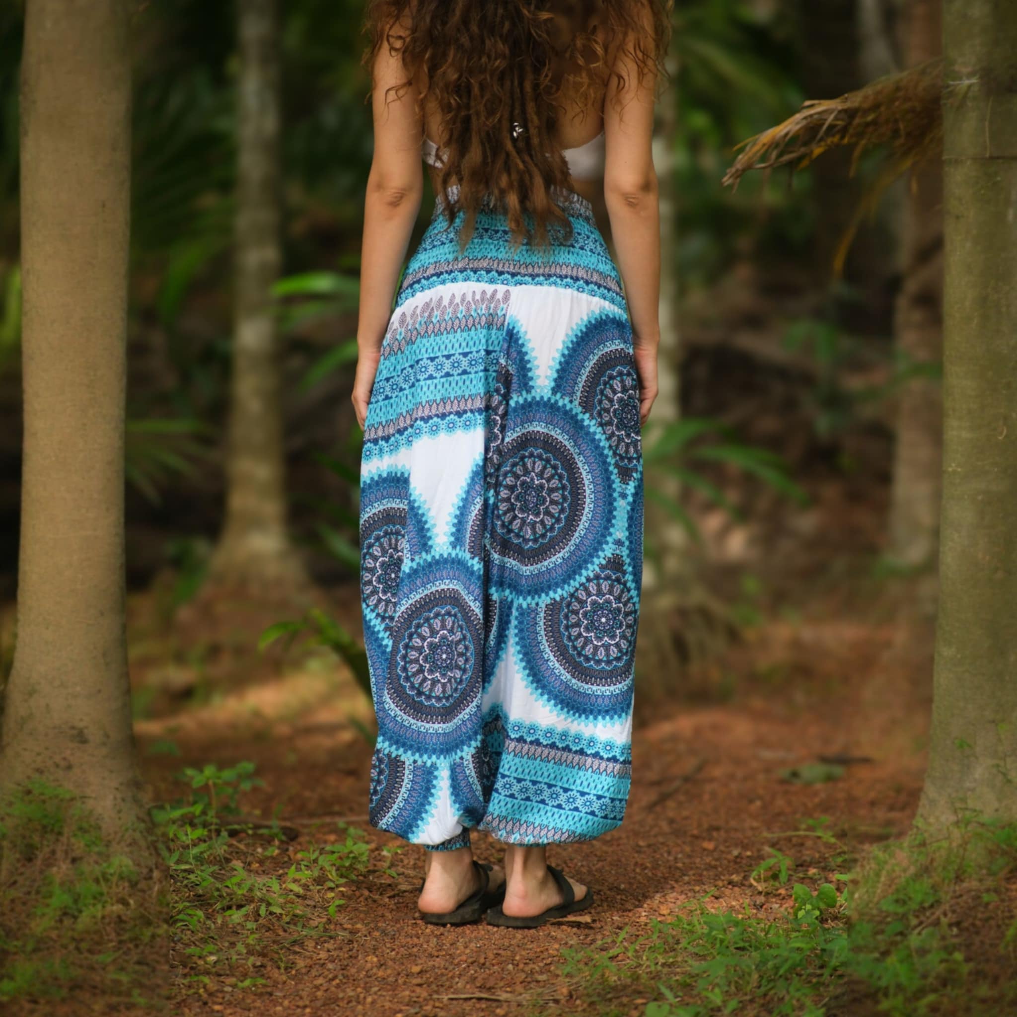 Turquoise & White Mandala Harem Pants – Lightweight Rayon Yoga Trousers | Boho Festival & Hippie Style