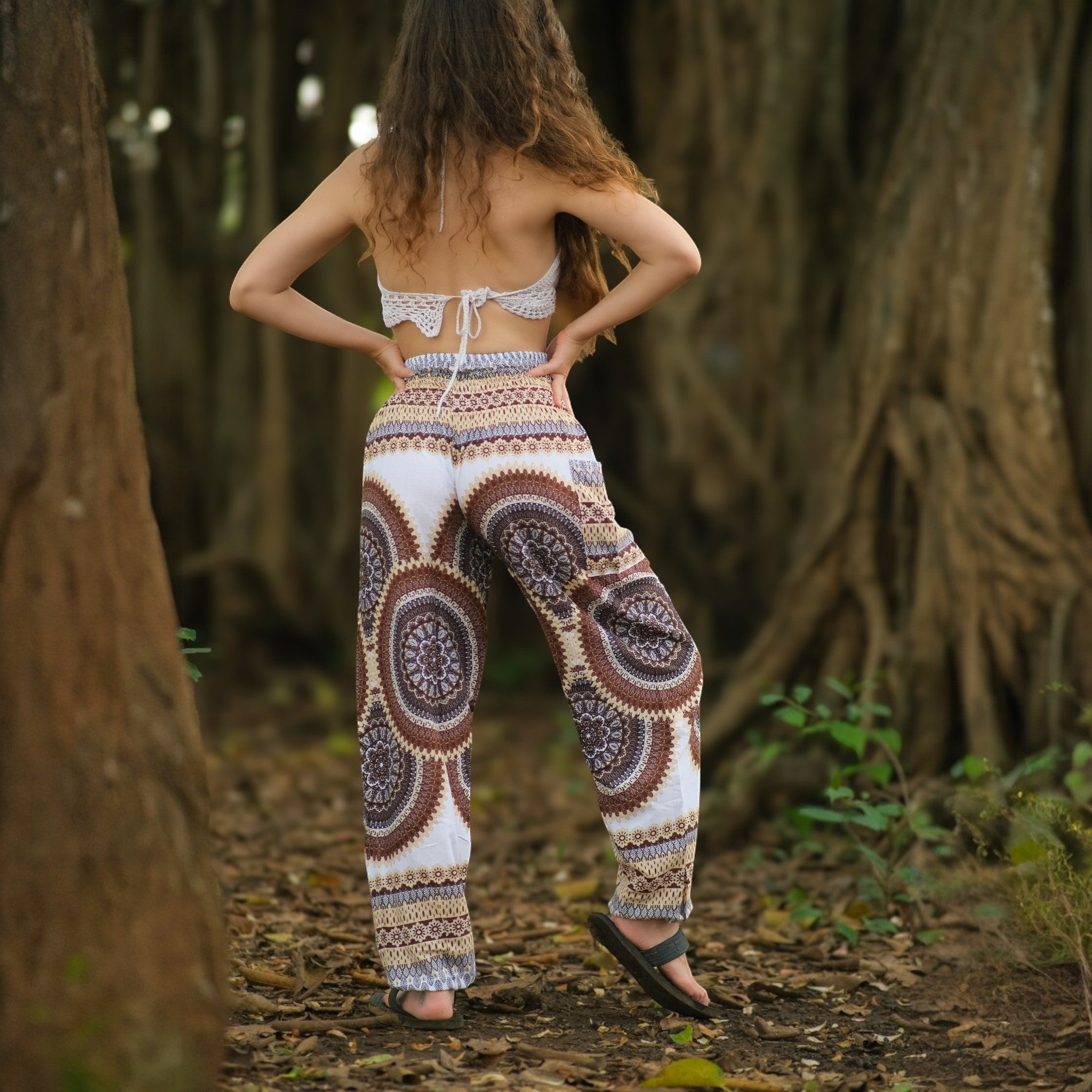 White Mandala High Cut Harem Pants - Brown